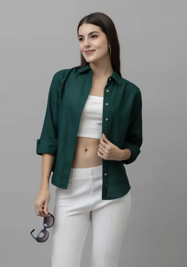 Dark_Green_Linen_Blend_Solid_Full_Sleeve_Hip_Length_Shirt_For_Women