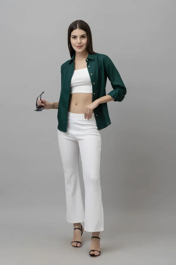 Dark_Green_Linen_Blend_Solid_Full_Sleeve_Hip_Length_Shirt_For_Women