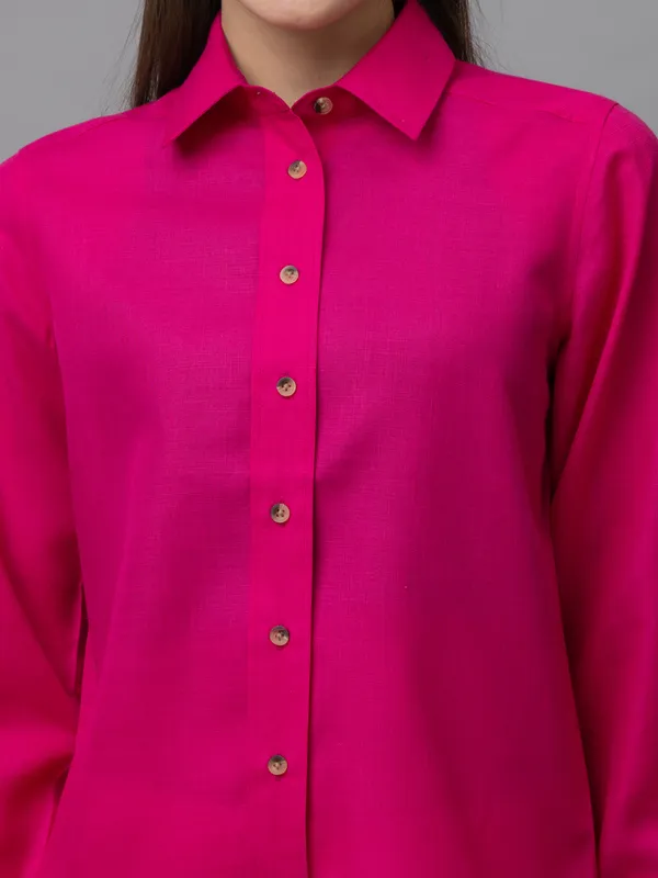 Pink_Linen_Blend_Solid_Full_Sleeve_Hip_Length_Shirt_For_Women