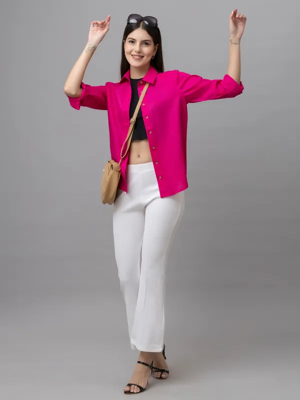 Pink_Linen_Blend_Solid_Full_Sleeve_Hip_Length_Shirt_For_Women
