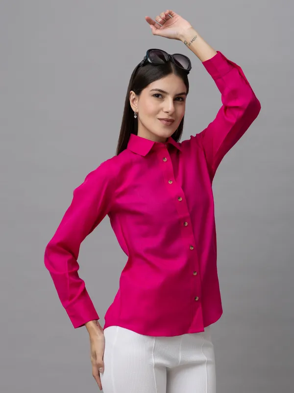 Pink_Linen_Blend_Solid_Full_Sleeve_Hip_Length_Shirt_For_Women