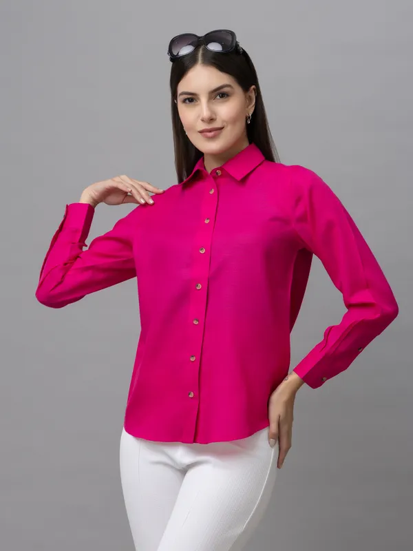 Pink_Linen_Blend_Solid_Full_Sleeve_Hip_Length_Shirt_For_Women