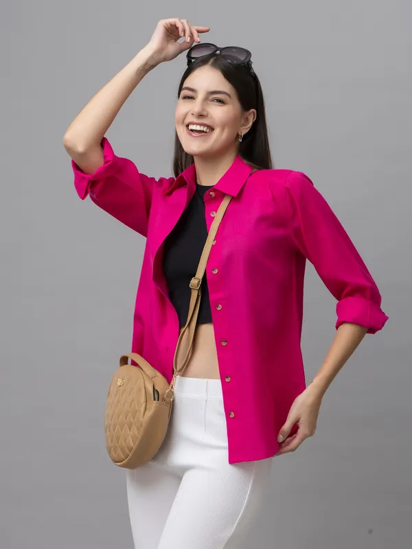 Pink_Linen_Blend_Solid_Full_Sleeve_Hip_Length_Shirt_For_Women