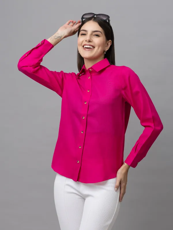 Pink_Linen_Blend_Solid_Full_Sleeve_Hip_Length_Shirt_For_Women