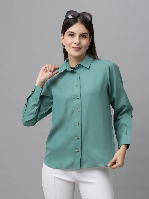 Blue_Linen_Blend_Solid_Full_Sleeve_Hip_Length_Shirt_For_Women