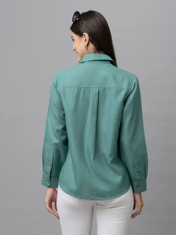 Blue_Linen_Blend_Solid_Full_Sleeve_Hip_Length_Shirt_For_Women