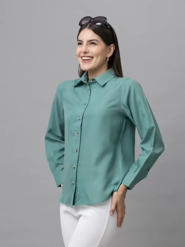 Blue_Linen_Blend_Solid_Full_Sleeve_Hip_Length_Shirt_For_Women