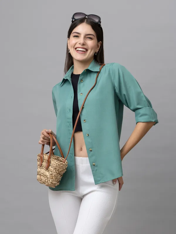 Blue_Linen_Blend_Solid_Full_Sleeve_Hip_Length_Shirt_For_Women