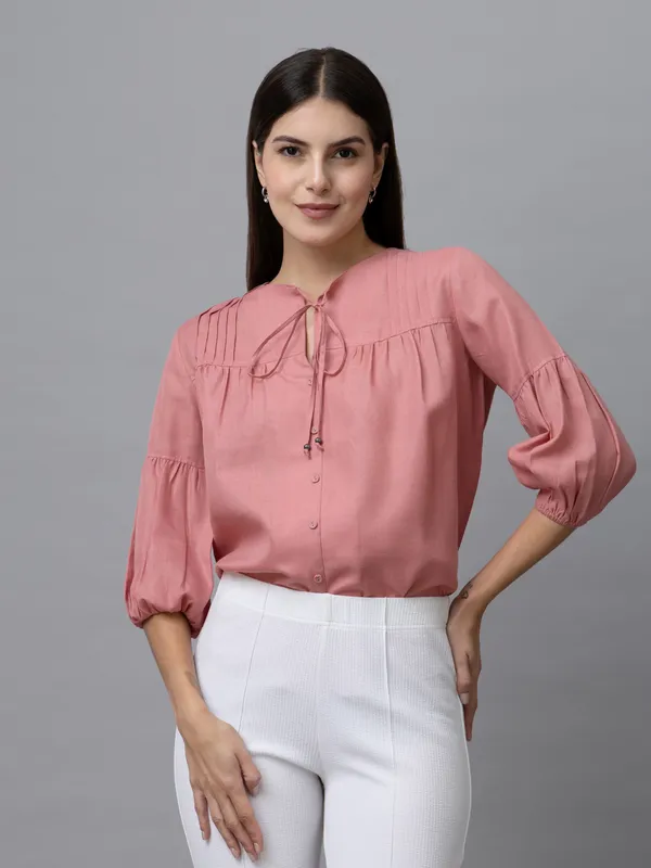 Pink_Linen_Solid_Full_Sleeve_Tie-Up_Hip_Length_Top_For_Women_&_Girls