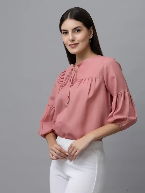 Pink_Linen_Solid_Full_Sleeve_Tie-Up_Hip_Length_Top_For_Women_&_Girls