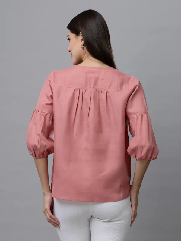 Pink_Linen_Solid_Full_Sleeve_Tie-Up_Hip_Length_Top_For_Women_&_Girls