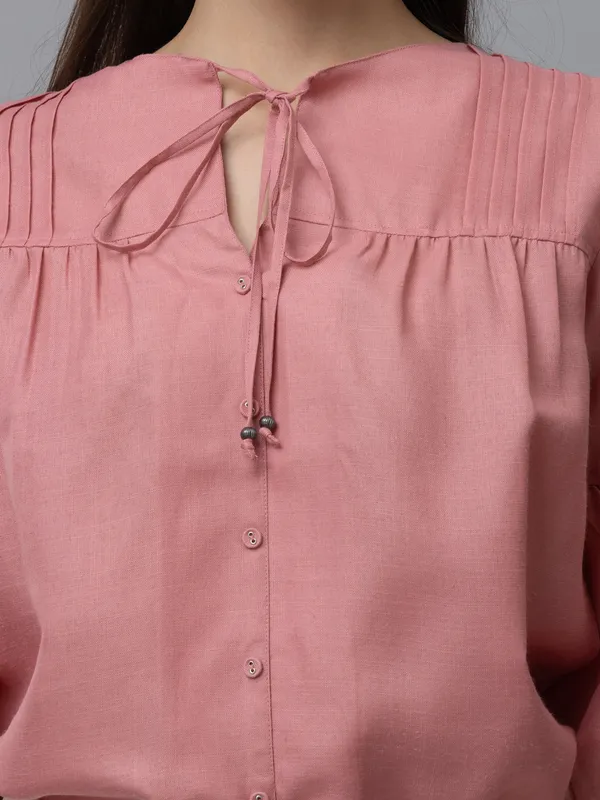 Pink_Linen_Solid_Full_Sleeve_Tie-Up_Hip_Length_Top_For_Women_&_Girls