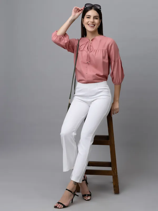 Pink_Linen_Solid_Full_Sleeve_Tie-Up_Hip_Length_Top_For_Women_&_Girls