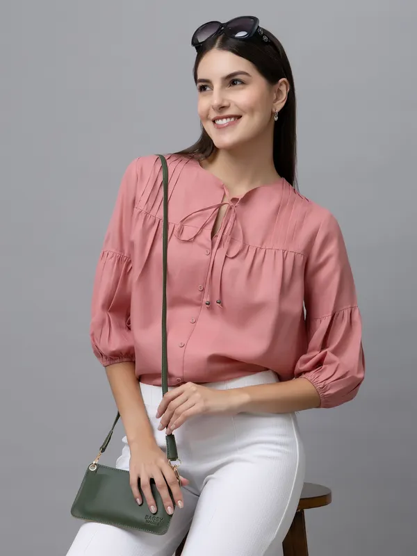 Pink_Linen_Solid_Full_Sleeve_Tie-Up_Hip_Length_Top_For_Women_&_Girls