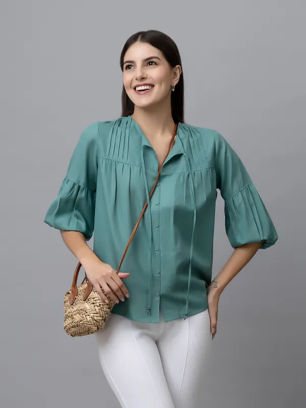 Blue_Linen_Solid_Full_Sleeve_Tie-Up_Hip_Length_Top_For_Women_&_Girls