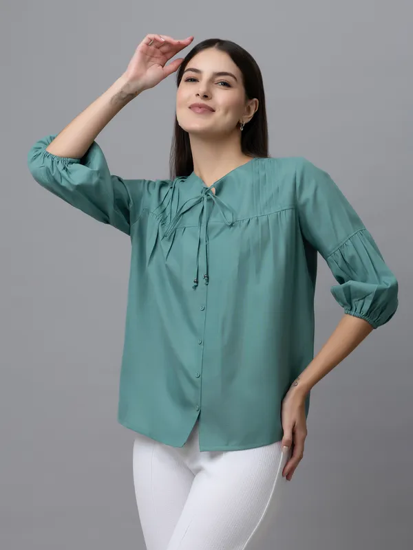 Blue_Linen_Solid_Full_Sleeve_Tie-Up_Hip_Length_Top_For_Women_&_Girls