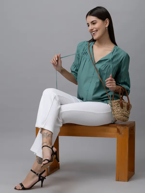 Blue_Linen_Solid_Full_Sleeve_Tie-Up_Hip_Length_Top_For_Women_&_Girls