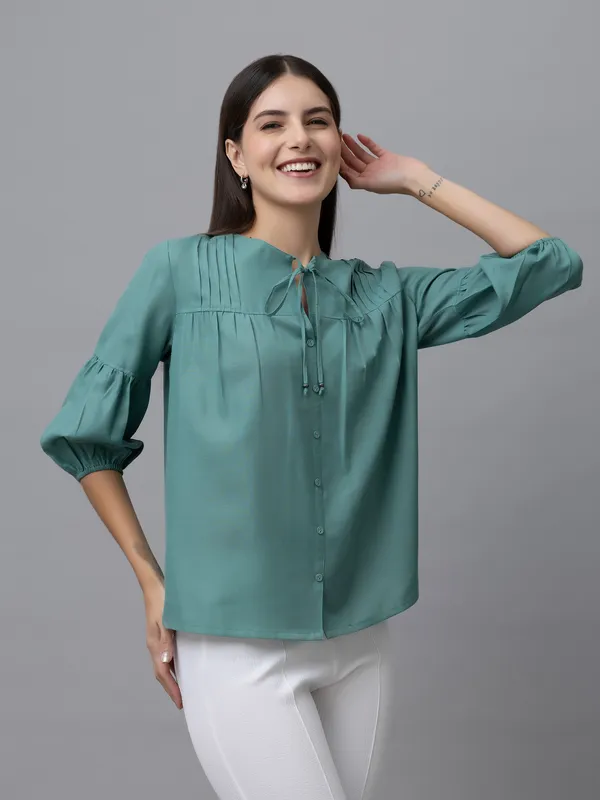 Blue_Linen_Solid_Full_Sleeve_Tie-Up_Hip_Length_Top_For_Women_&_Girls