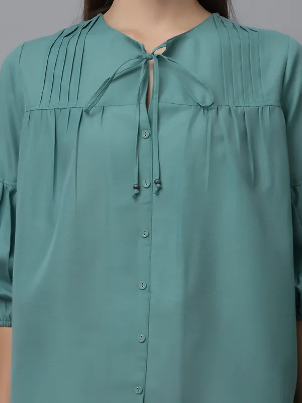 Blue_Linen_Solid_Full_Sleeve_Tie-Up_Hip_Length_Top_For_Women_&_Girls