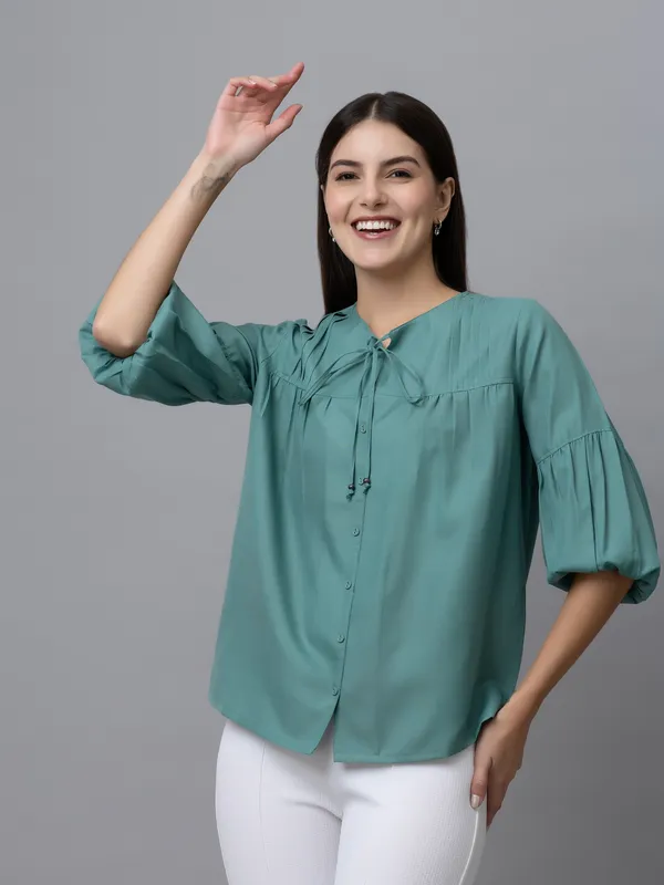 Blue_Linen_Solid_Full_Sleeve_Tie-Up_Hip_Length_Top_For_Women_&_Girls