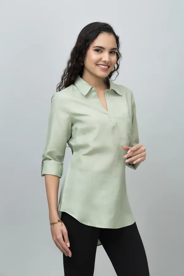 Green_Linen_Collared_Solid_Roll_Up_Sleeves_Hip_Length_Tunic_For_Women