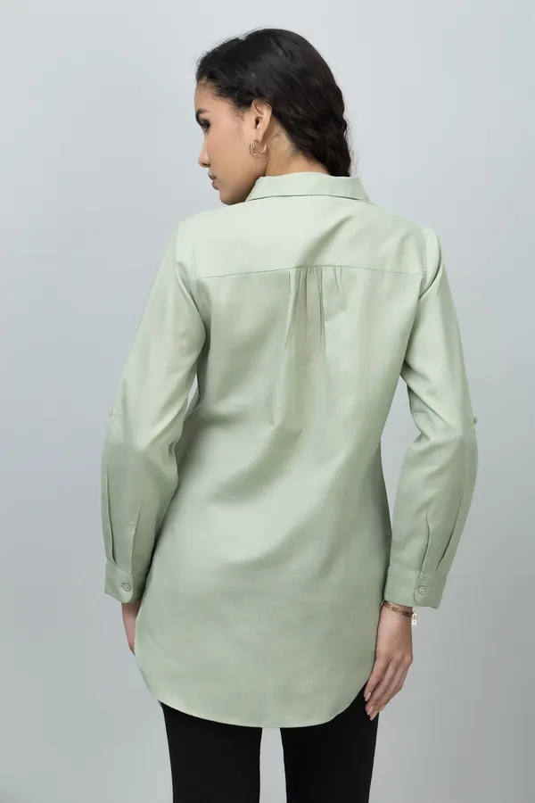 Green_Linen_Collared_Solid_Roll_Up_Sleeves_Hip_Length_Tunic_For_Women