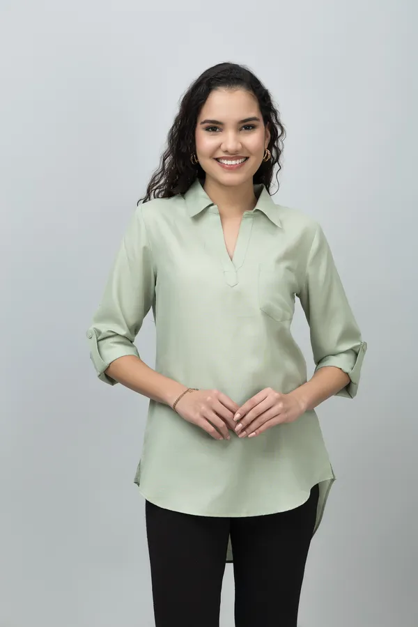 Green_Linen_Collared_Solid_Roll_Up_Sleeves_Hip_Length_Tunic_For_Women