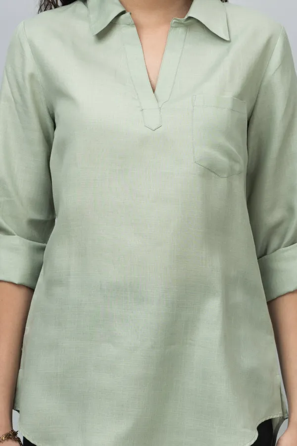 Green_Linen_Collared_Solid_Roll_Up_Sleeves_Hip_Length_Tunic_For_Women