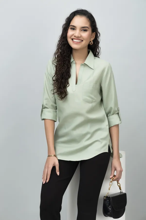 Green_Linen_Collared_Solid_Roll_Up_Sleeves_Hip_Length_Tunic_For_Women