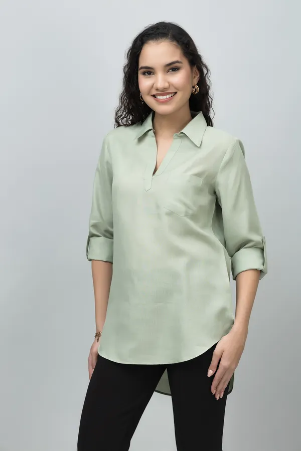 Green_Linen_Collared_Solid_Roll_Up_Sleeves_Hip_Length_Tunic_For_Women