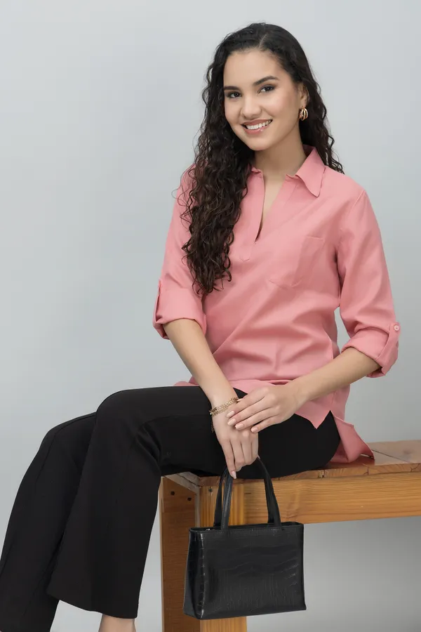 Pink_Linen_Collared_Solid_Roll_Up_Sleeves_Hip_Length_Tunic_For_Women