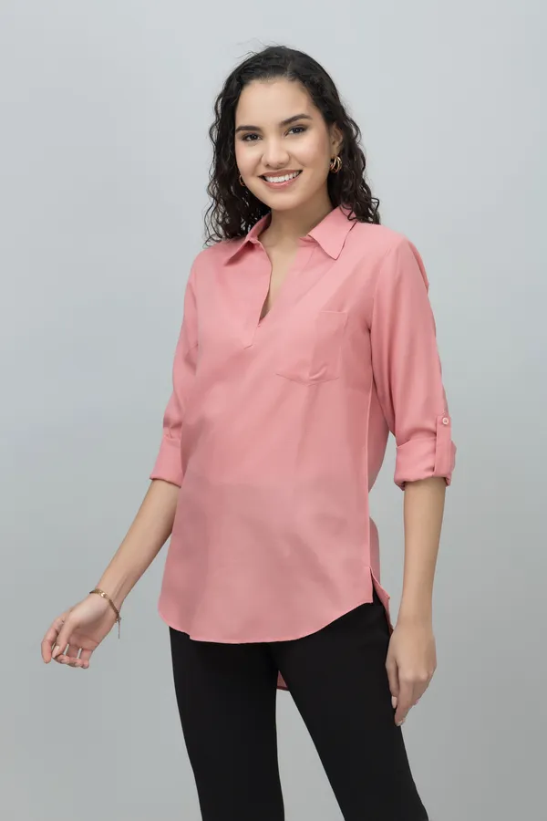 Pink_Linen_Collared_Solid_Roll_Up_Sleeves_Hip_Length_Tunic_For_Women