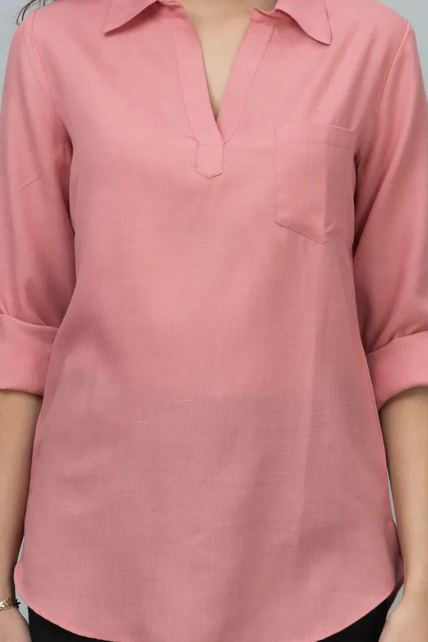 Pink_Linen_Collared_Solid_Roll_Up_Sleeves_Hip_Length_Tunic_For_Women