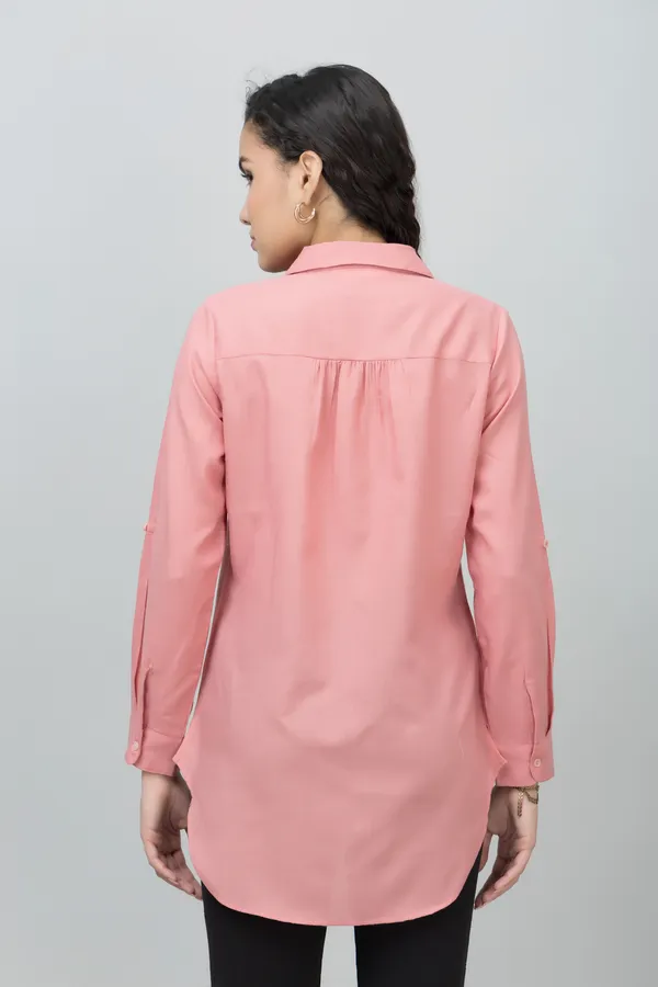 Pink_Linen_Collared_Solid_Roll_Up_Sleeves_Hip_Length_Tunic_For_Women