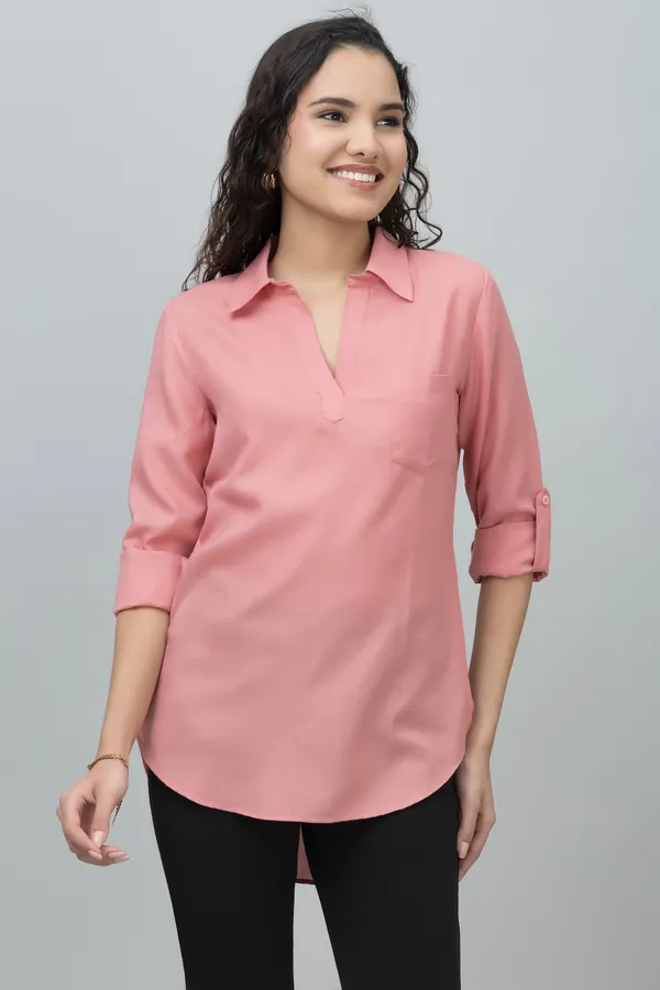Pink_Linen_Collared_Solid_Roll_Up_Sleeves_Hip_Length_Tunic_For_Women
