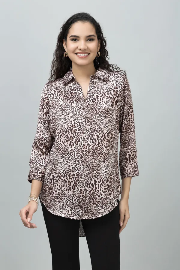 Brown_&_White_Satin_Collared_Animal_Print_Roll_Up_Sleeves_Hip_Length_Tunic_For_Women