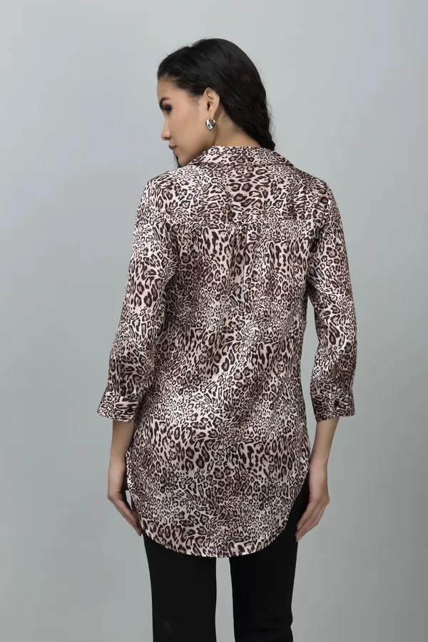 Brown_&_White_Satin_Collared_Animal_Print_Roll_Up_Sleeves_Hip_Length_Tunic_For_Women