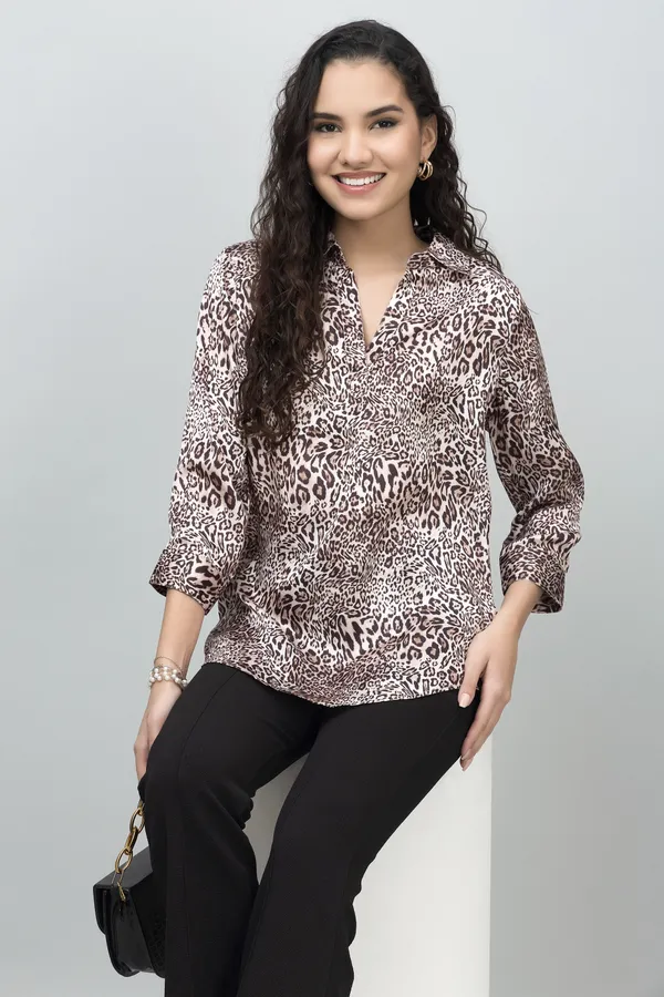 Brown_&_White_Satin_Collared_Animal_Print_Roll_Up_Sleeves_Hip_Length_Tunic_For_Women