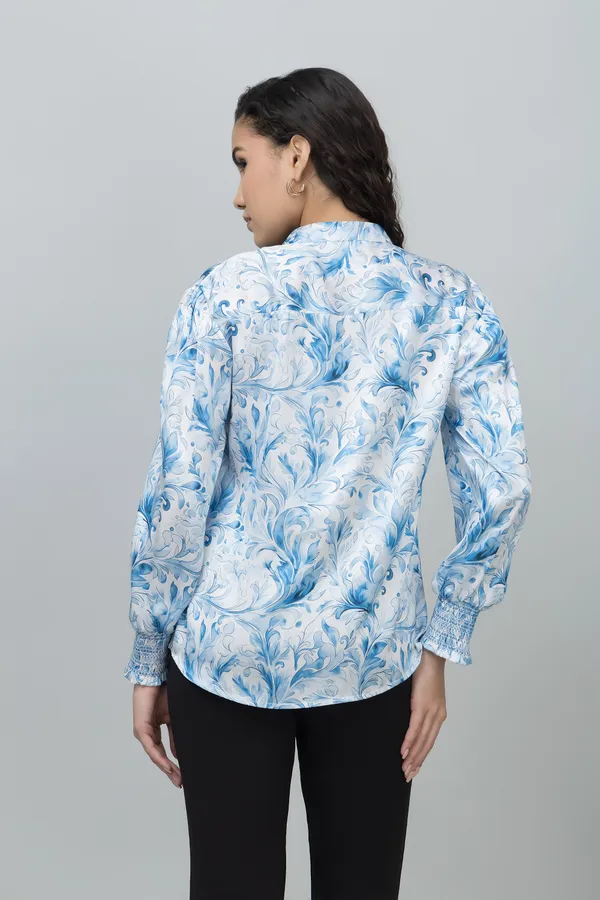 Blue_&_White_Satin_Floral_Print_Full_Sleeve_Mandarin_Collar_Hip_Length_Shirt_For_Women_&_Girls