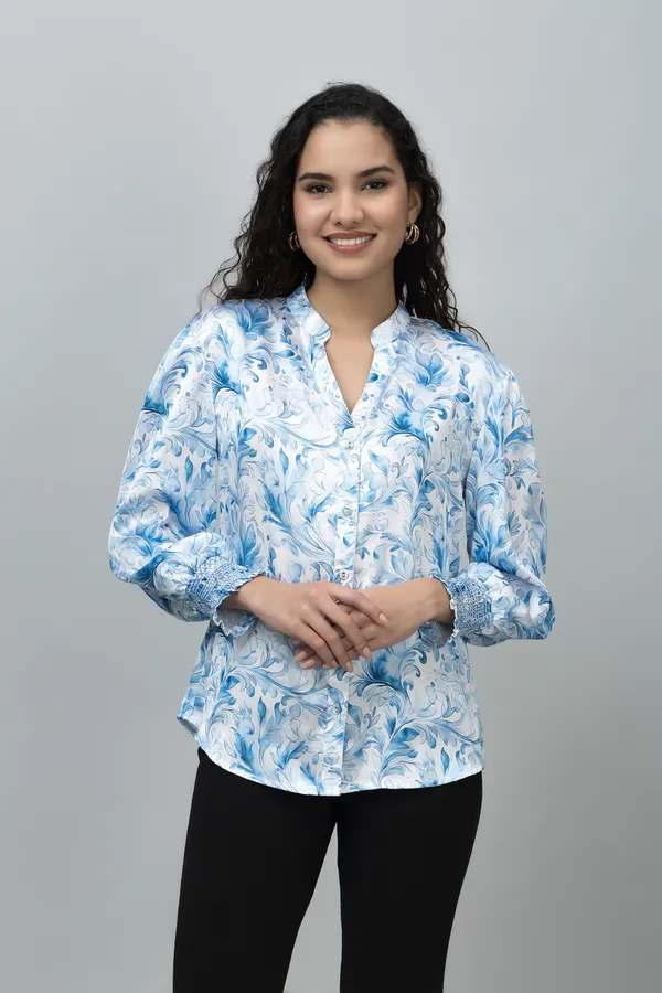 Blue_&_White_Satin_Floral_Print_Full_Sleeve_Mandarin_Collar_Hip_Length_Shirt_For_Women_&_Girls