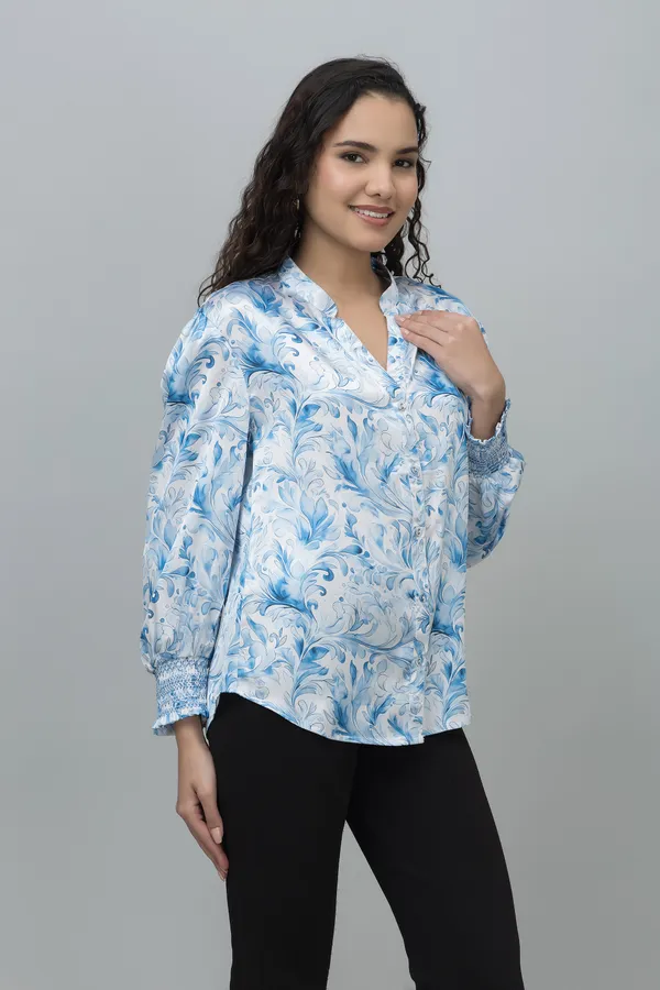 Blue_&_White_Satin_Floral_Print_Full_Sleeve_Mandarin_Collar_Hip_Length_Shirt_For_Women_&_Girls