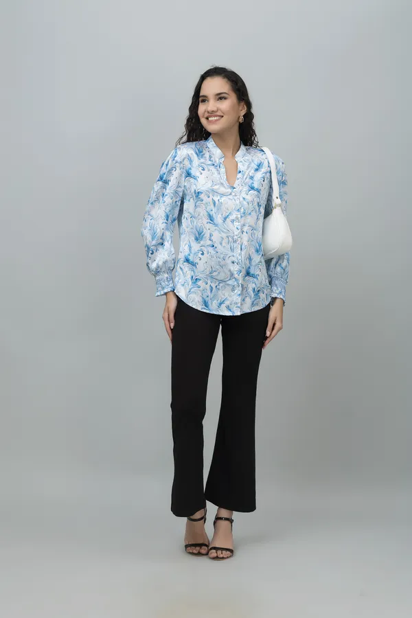 Blue_&_White_Satin_Floral_Print_Full_Sleeve_Mandarin_Collar_Hip_Length_Shirt_For_Women_&_Girls