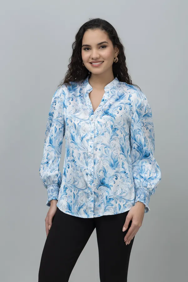 Blue_&_White_Satin_Floral_Print_Full_Sleeve_Mandarin_Collar_Hip_Length_Shirt_For_Women_&_Girls