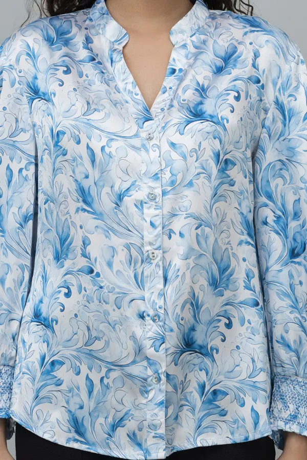 Blue_&_White_Satin_Floral_Print_Full_Sleeve_Mandarin_Collar_Hip_Length_Shirt_For_Women_&_Girls