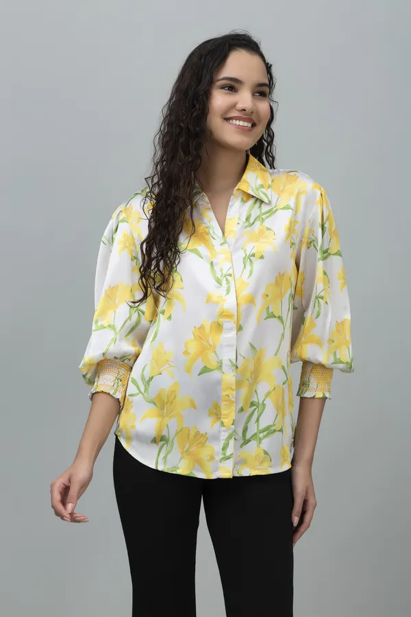 Yellow_&_White_Satin_Floral_Print_3/4Th_Sleeve_Hip_Length_Shirt_For_Women