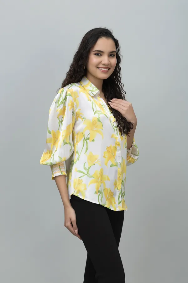 Yellow_&_White_Satin_Floral_Print_3/4Th_Sleeve_Hip_Length_Shirt_For_Women