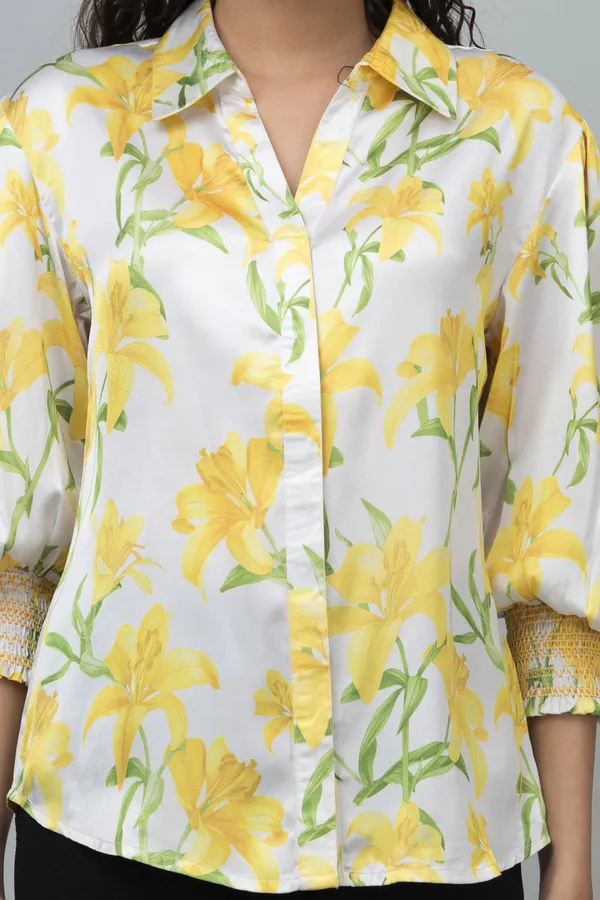 Yellow_&_White_Satin_Floral_Print_3/4Th_Sleeve_Hip_Length_Shirt_For_Women