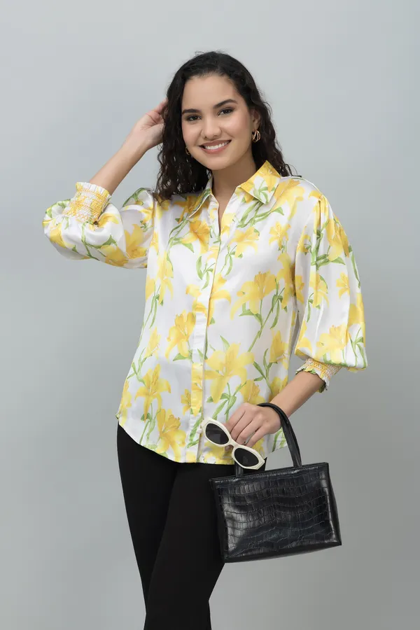 Yellow_&_White_Satin_Floral_Print_3/4Th_Sleeve_Hip_Length_Shirt_For_Women
