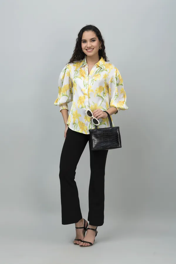 Yellow_&_White_Satin_Floral_Print_3/4Th_Sleeve_Hip_Length_Shirt_For_Women