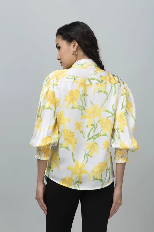 Yellow_&_White_Satin_Floral_Print_3/4Th_Sleeve_Hip_Length_Shirt_For_Women